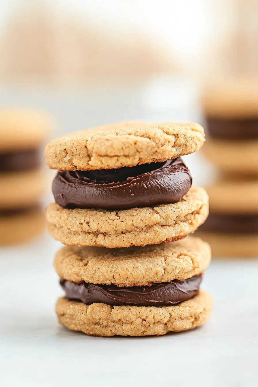 Stacked sandwich-style treats on a white plate with soft lighting