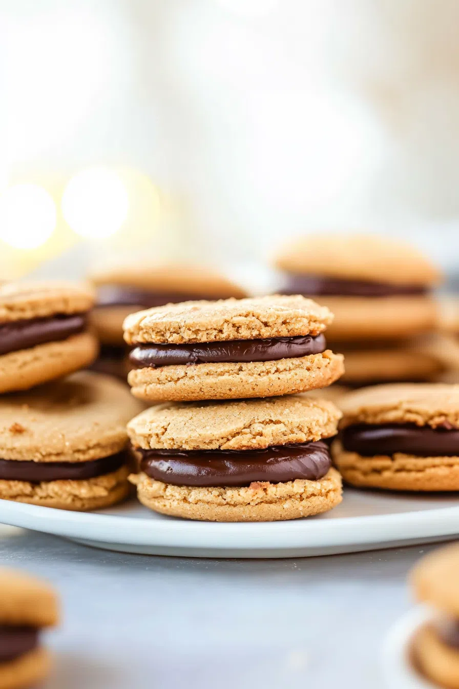 Side view of two cookies sandwiched together with creamy filling