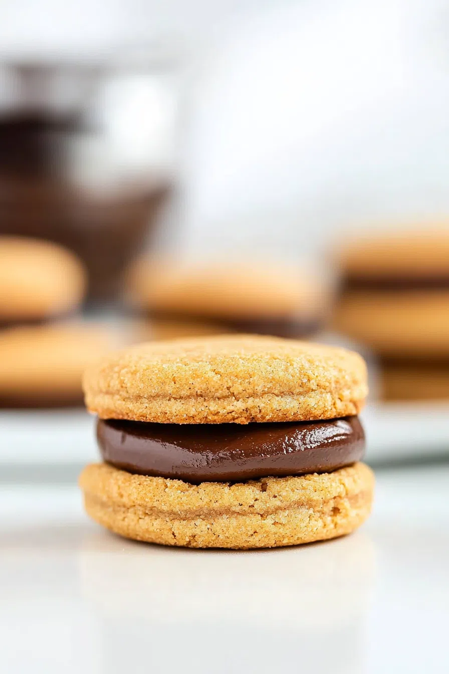 Side view of dessert sandwiches with smooth chocolate and nutty centers