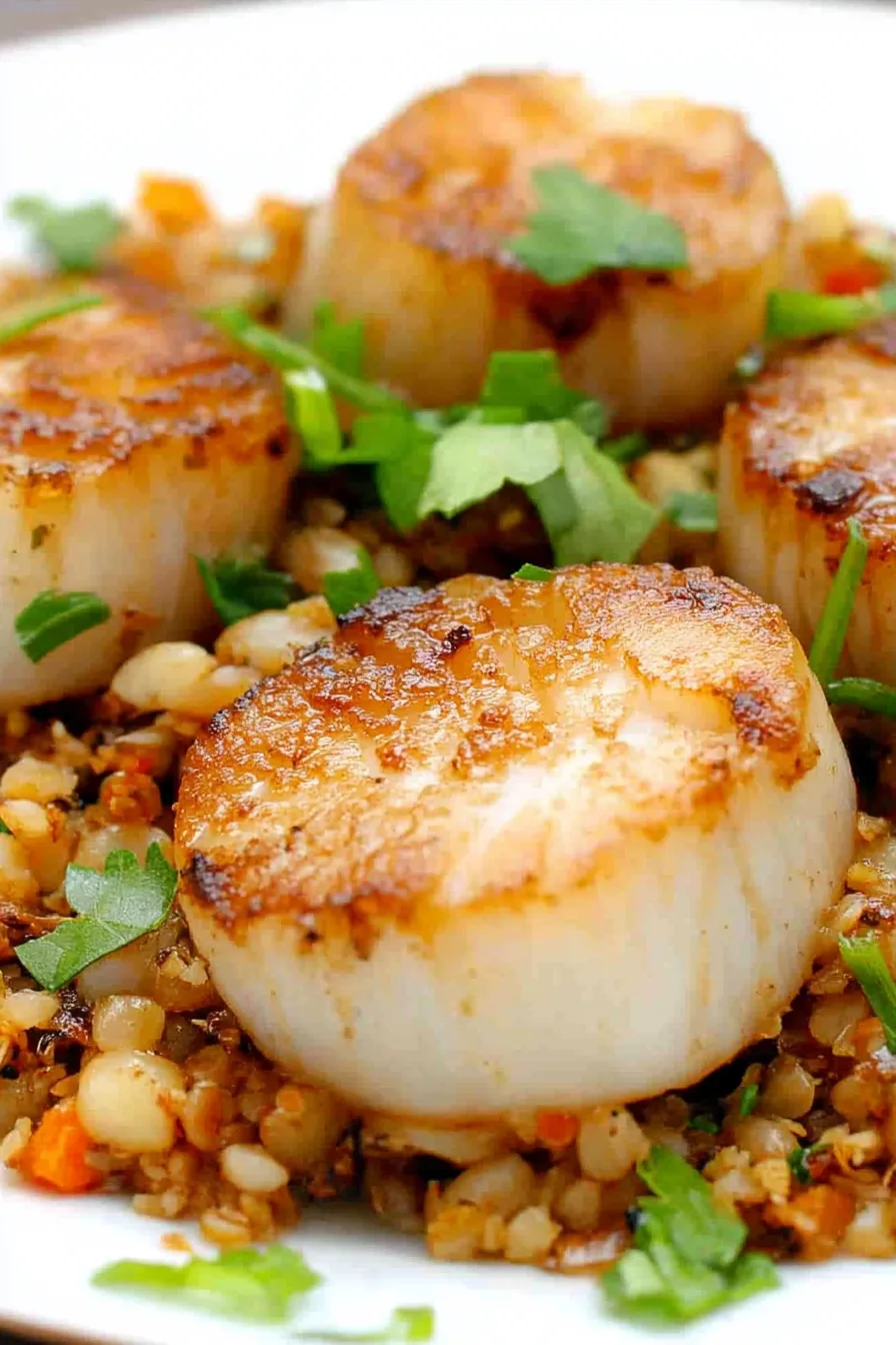 Close-up of seared scallops arranged over colorful mixed grains.