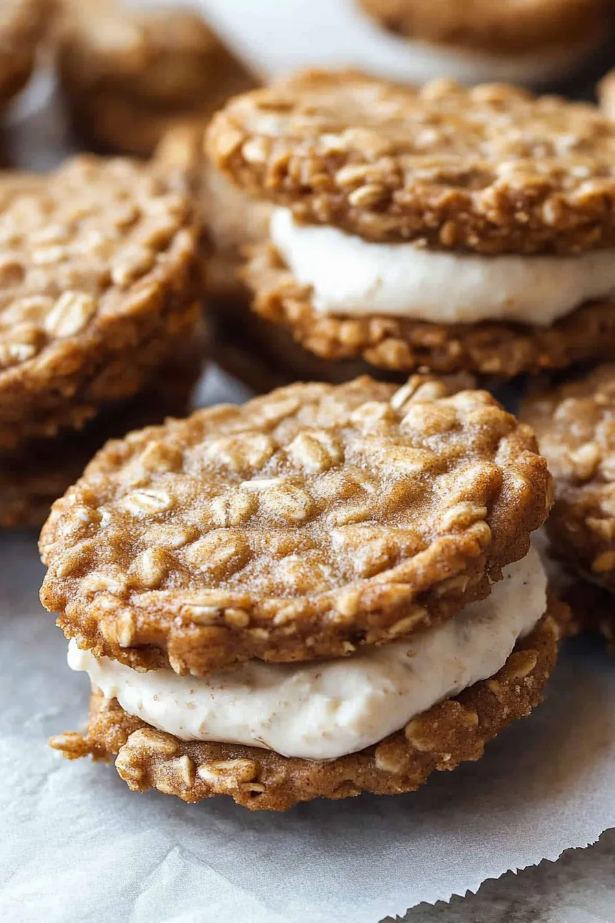 Stacked homemade treats on parchment paper with crumbs around
