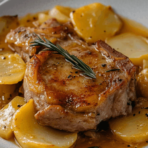 Close-up of a layered casserole with tender cuts and a rich, savory sauce