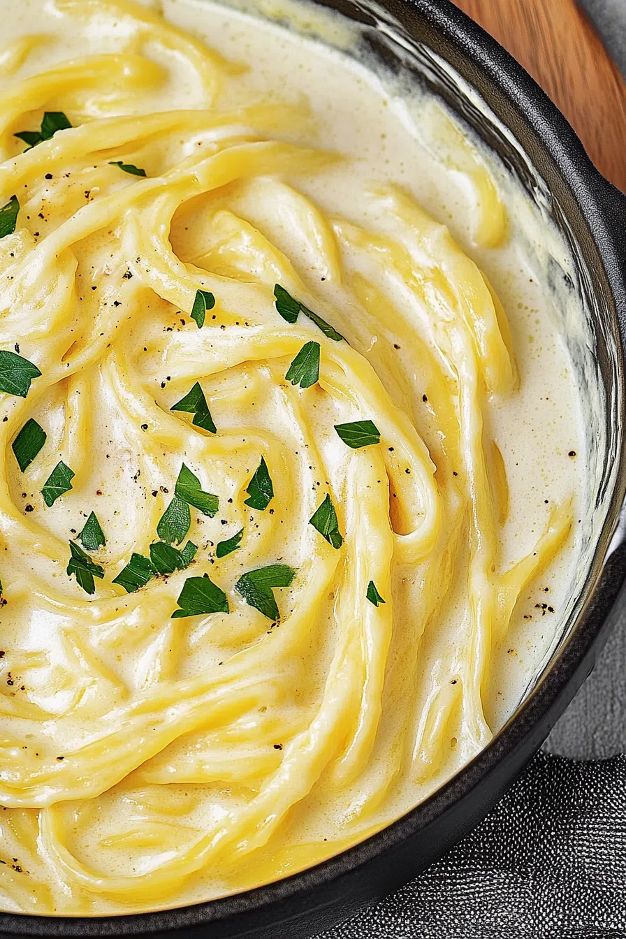 Creamy white pasta sauce poured over a bed of fettuccine noodles, topped with fresh parsley.