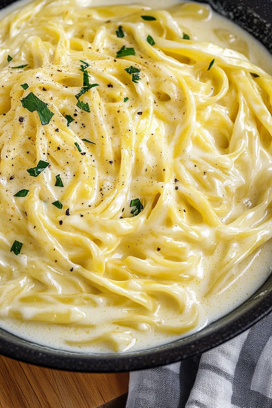 Warm sauce being poured from a small saucepan onto freshly cooked pasta.