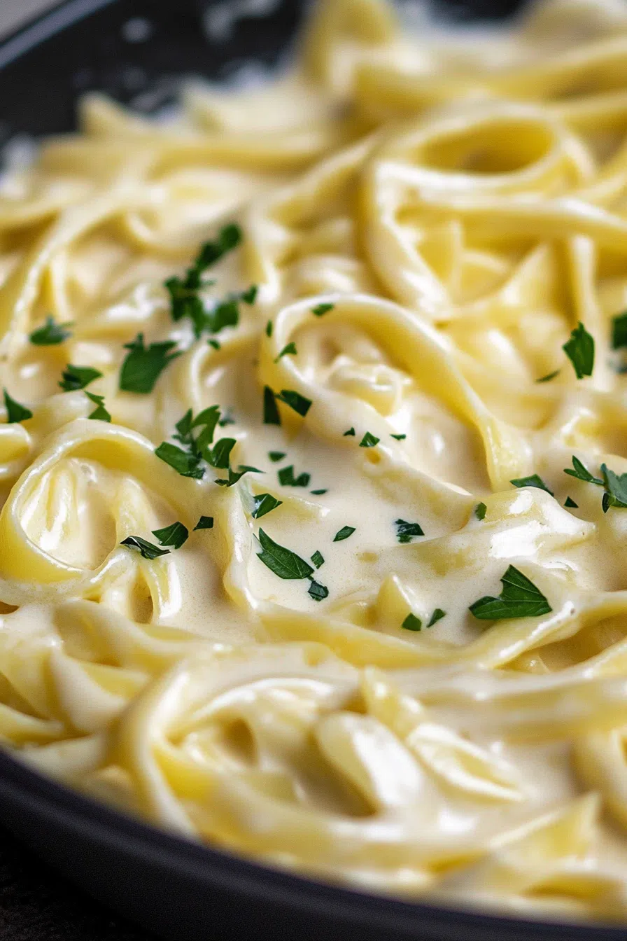 Overhead shot of a plated pasta dish with a thick, glossy cream sauce and grated parmesan on top.