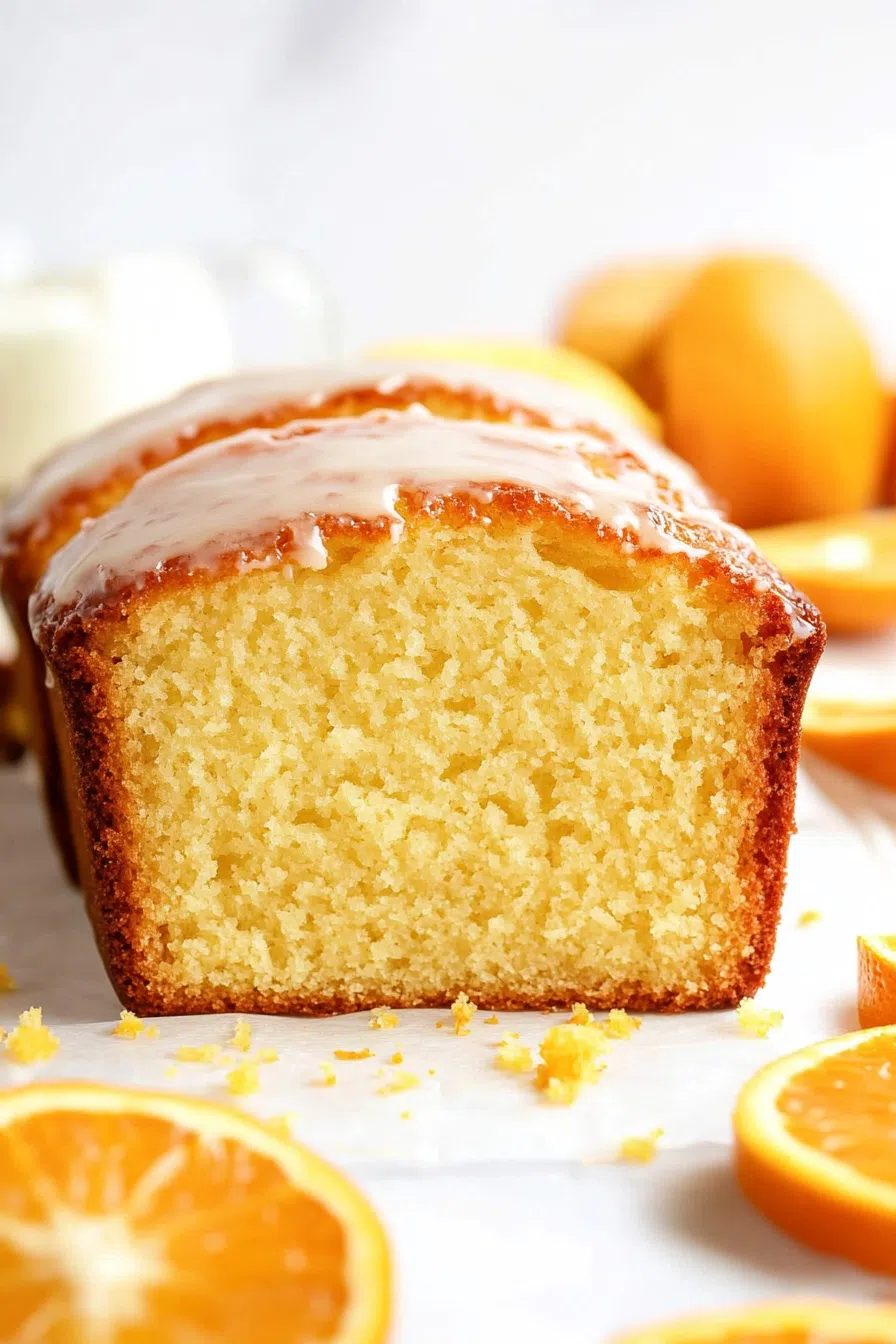 Close-up of a moist, buttery slice of cake on a dessert plate.
