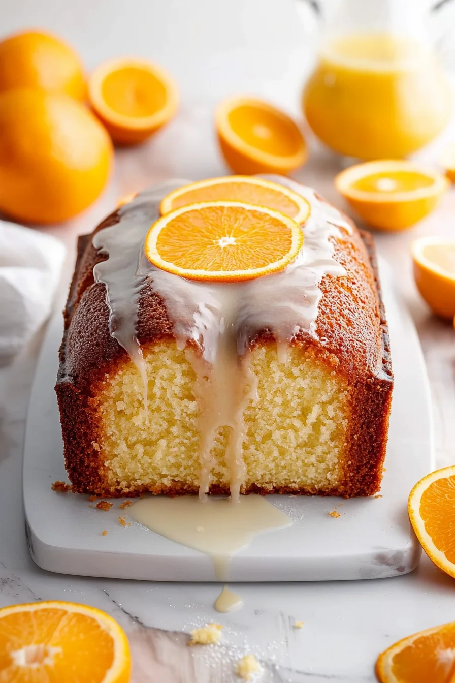 Overhead view of a freshly baked pound cake, garnished with orange slices.
