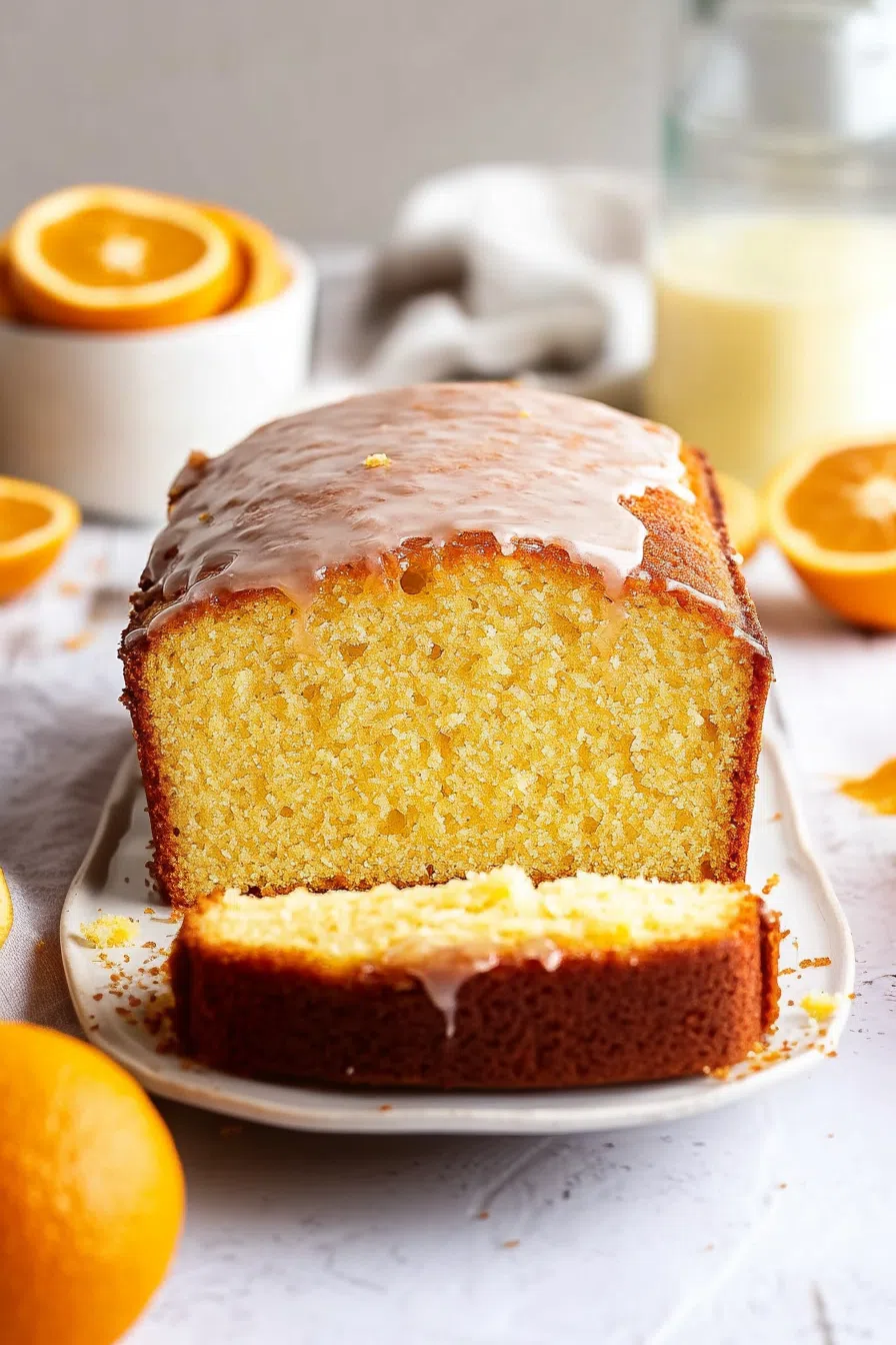 A loaf cake with a tender crumb, cut to show its soft interior.