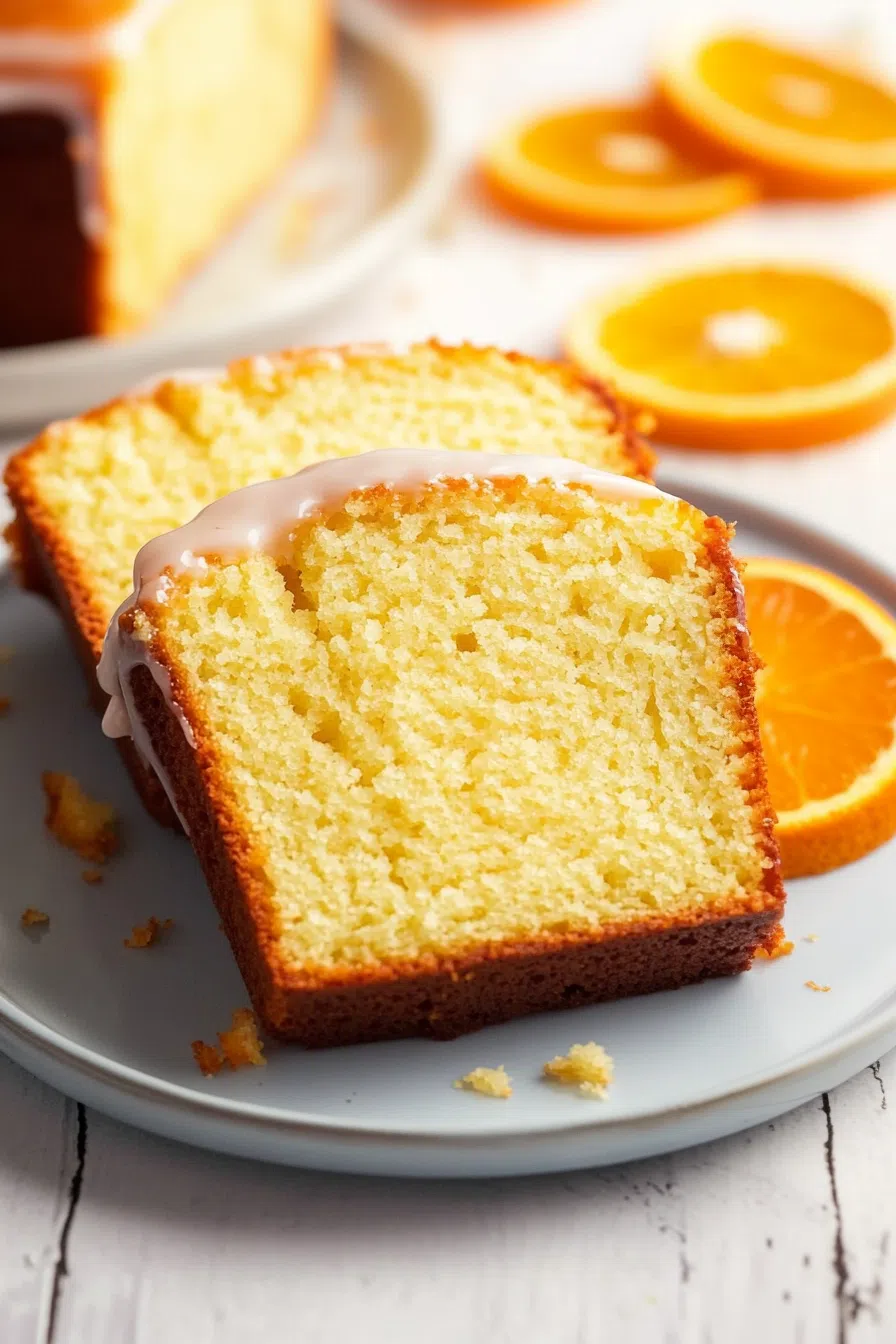 A golden loaf cake topped with a light citrus glaze and orange zest.