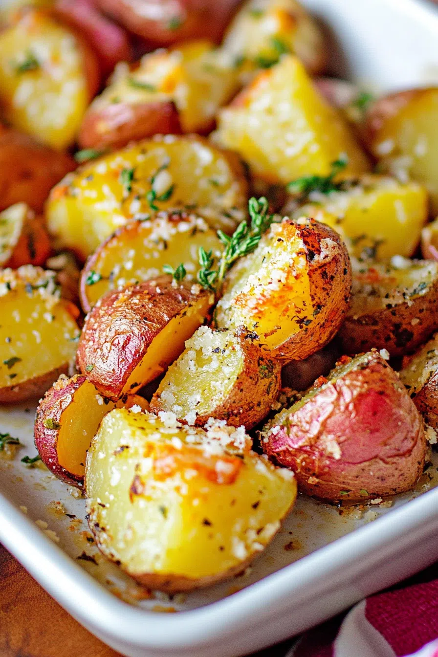 Overhead view of a baking tray filled with seasoned potatoes fresh from the oven