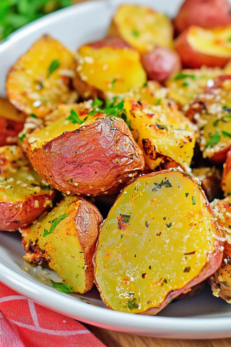 Close-up of oven-roasted potato bites with a savory crust and browned edges