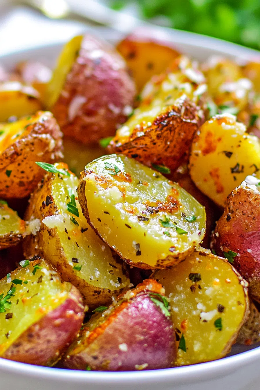 Golden-brown potato wedges with a crispy coating and sprinkled herbs