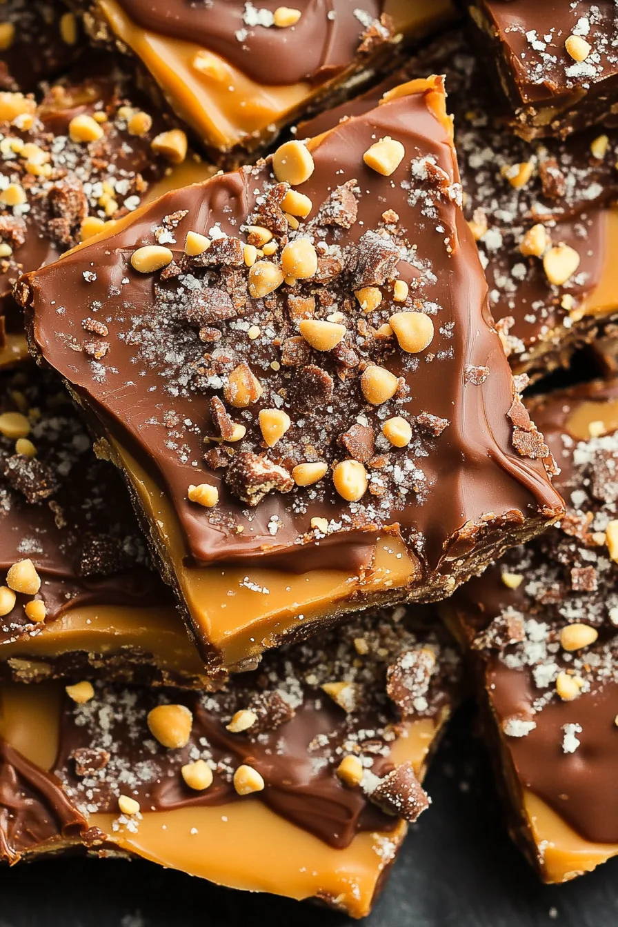 Broken pieces of nutty caramel candy arranged on a serving plate.