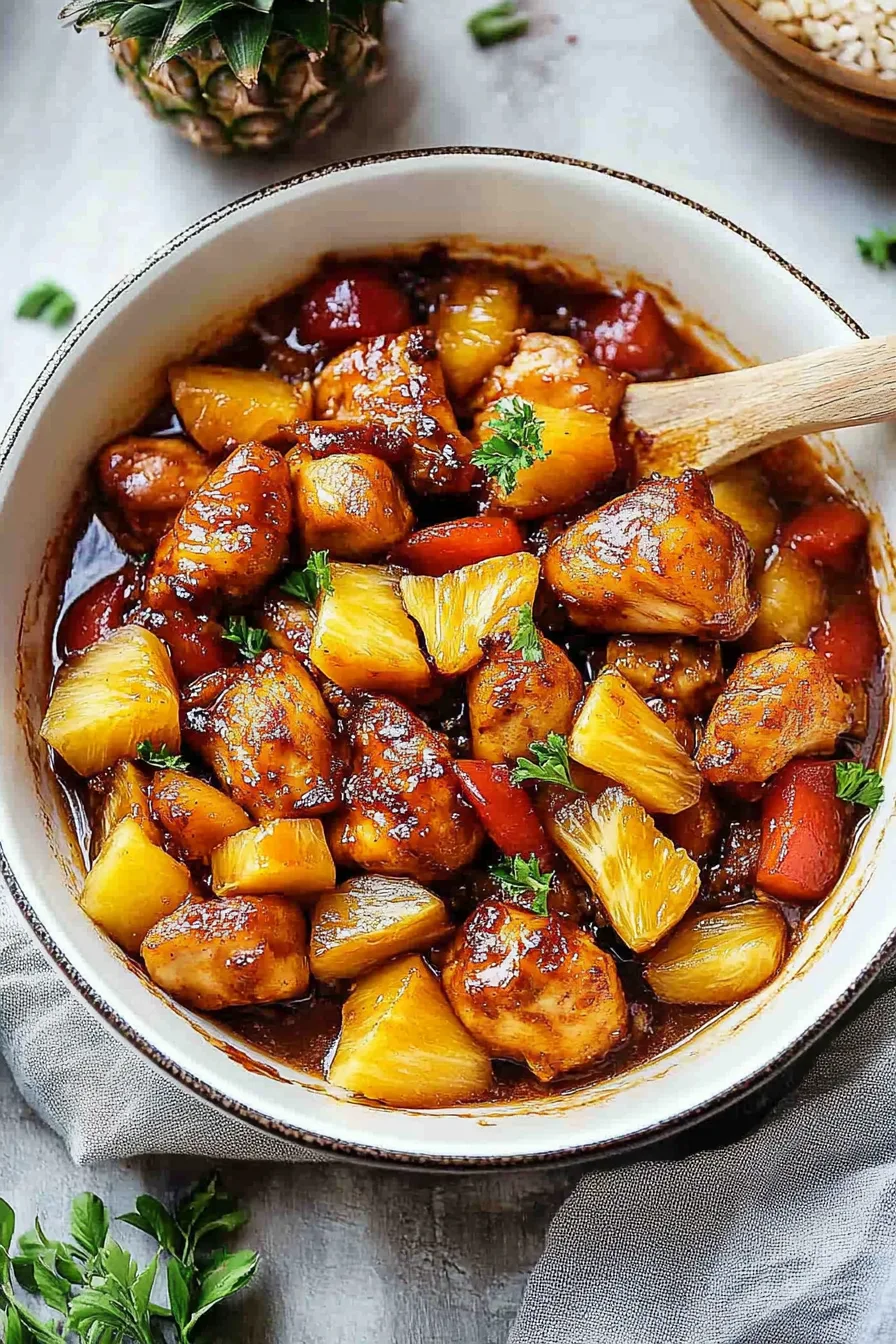 Overhead view of a tropical-inspired chicken dish ready to serve.