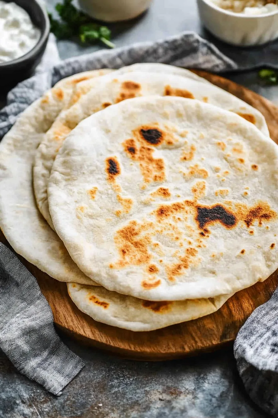 Warm flatbreads partially wrapped in a kitchen towel
