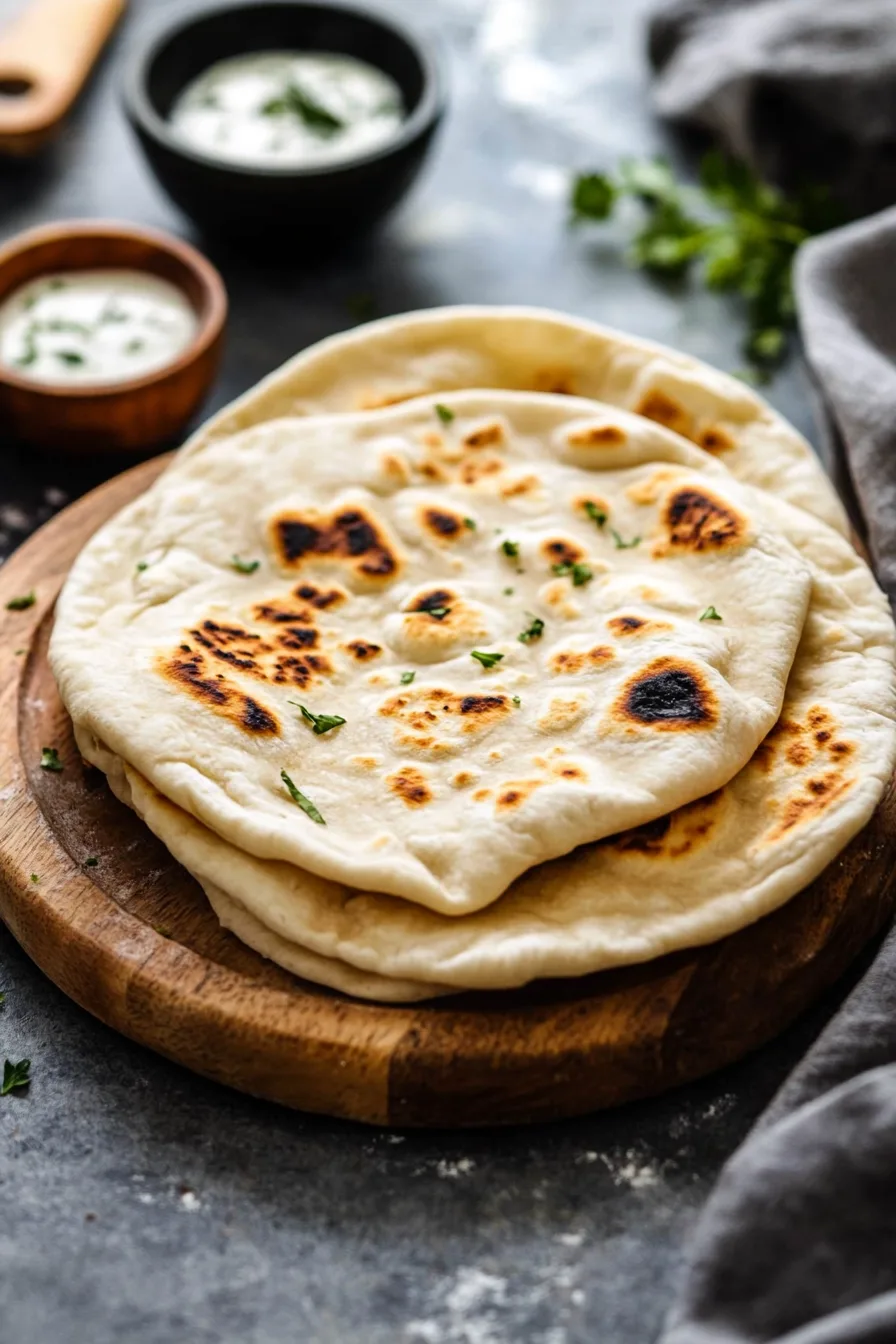Soft, puffy bread with a light char, served on a wooden board