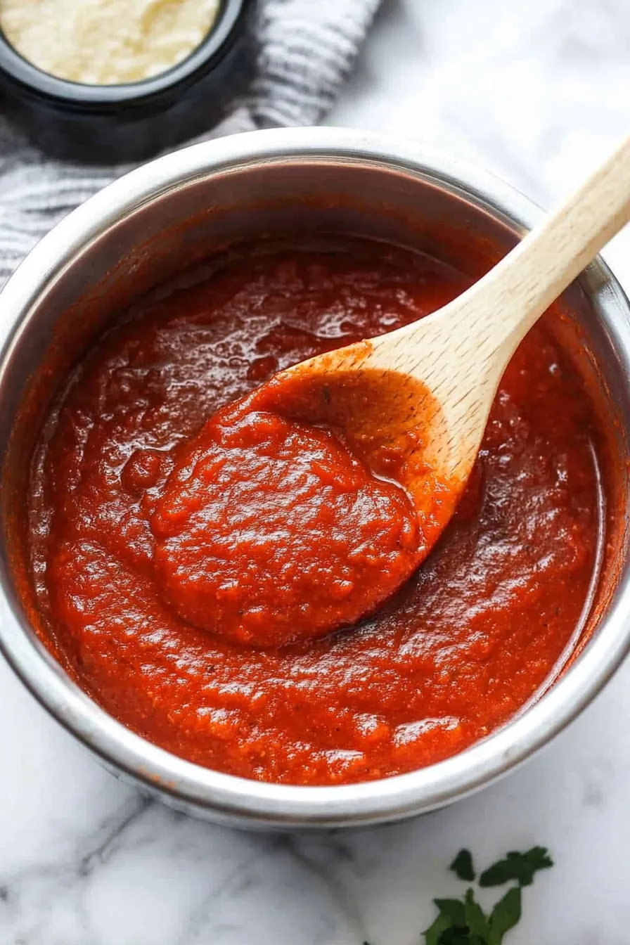 Spoon dipping into a thick, rich red sauce