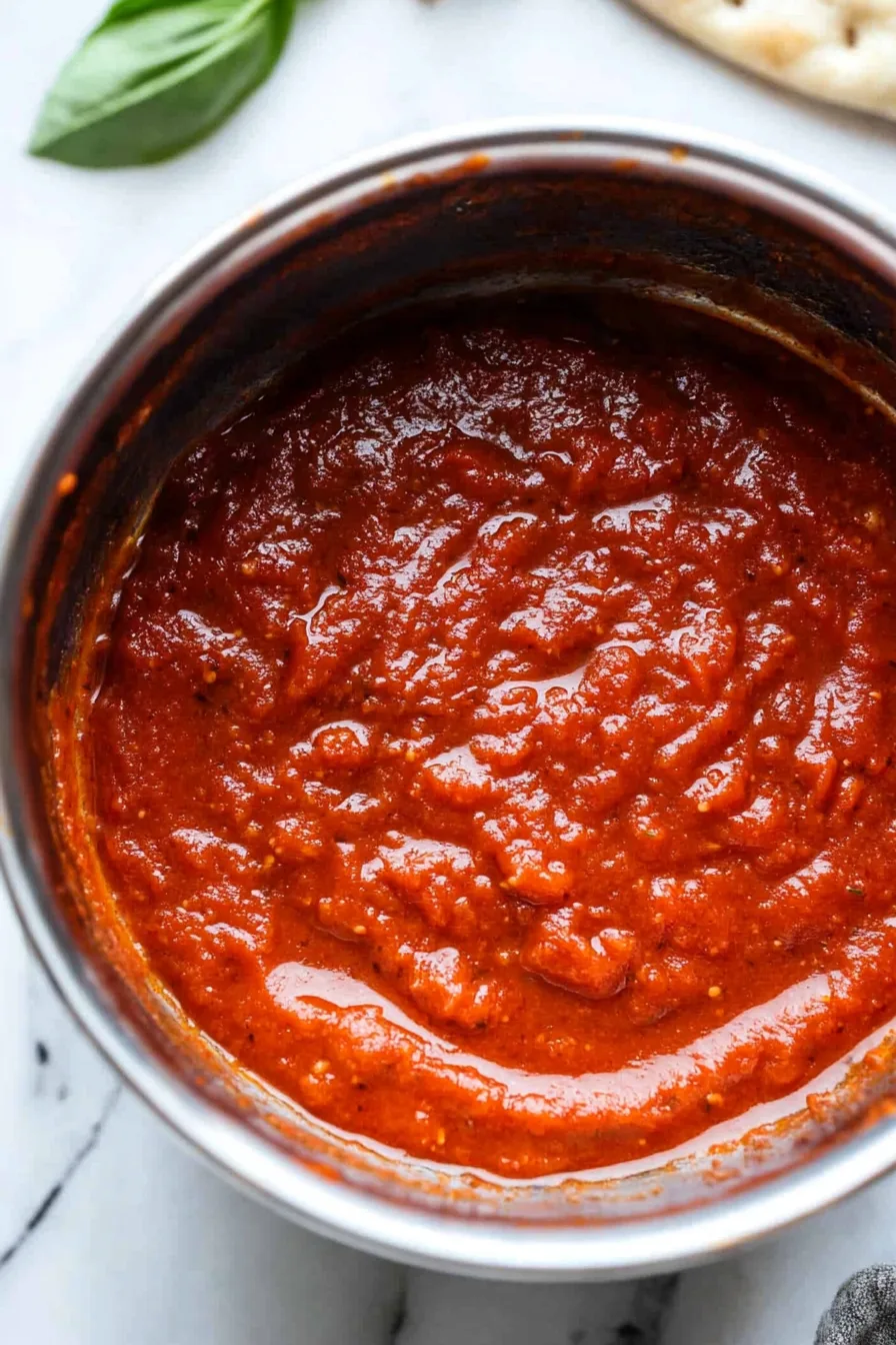 Overhead shot of a jar of homemade sauce on a wooden table.