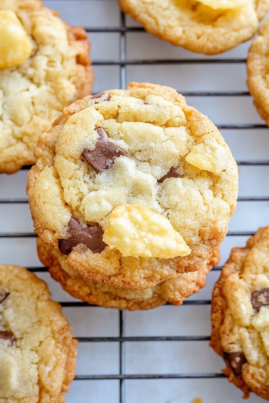 Golden, crinkled cookies stacked on a cooling rack with crumbs scattered around.