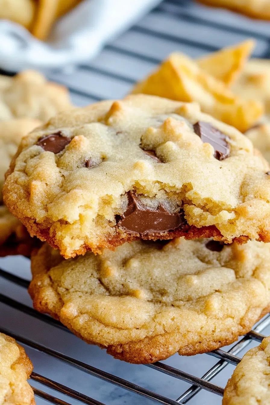 Close-up of a cookie showing a soft interior and lightly browned exterior.
