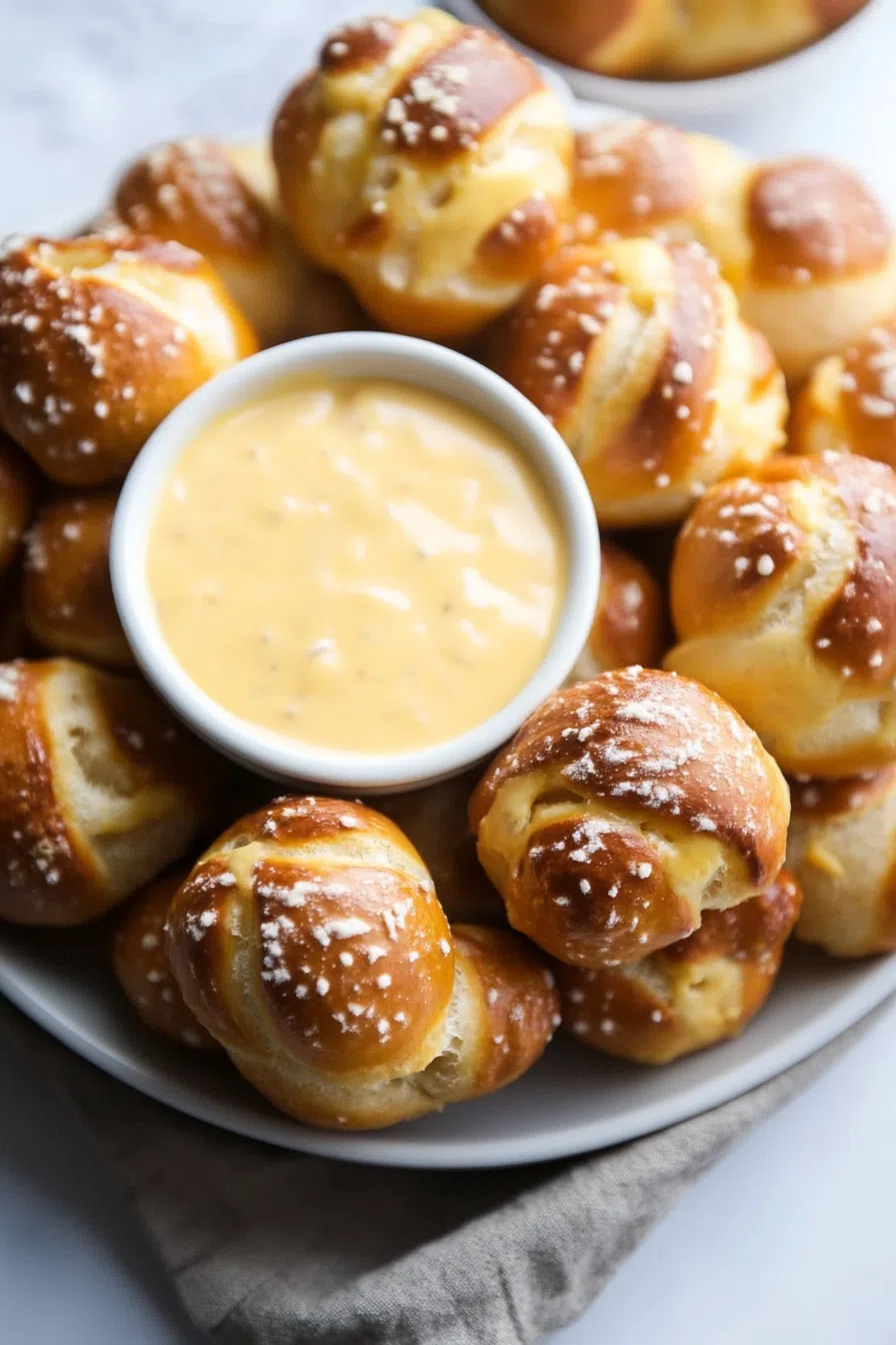 Close-up of fluffy, golden snacks with a side of melted cheese.