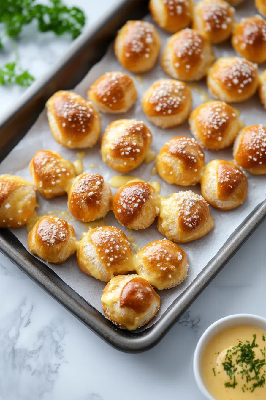 Overhead shot of freshly baked appetizers sprinkled with coarse salt.