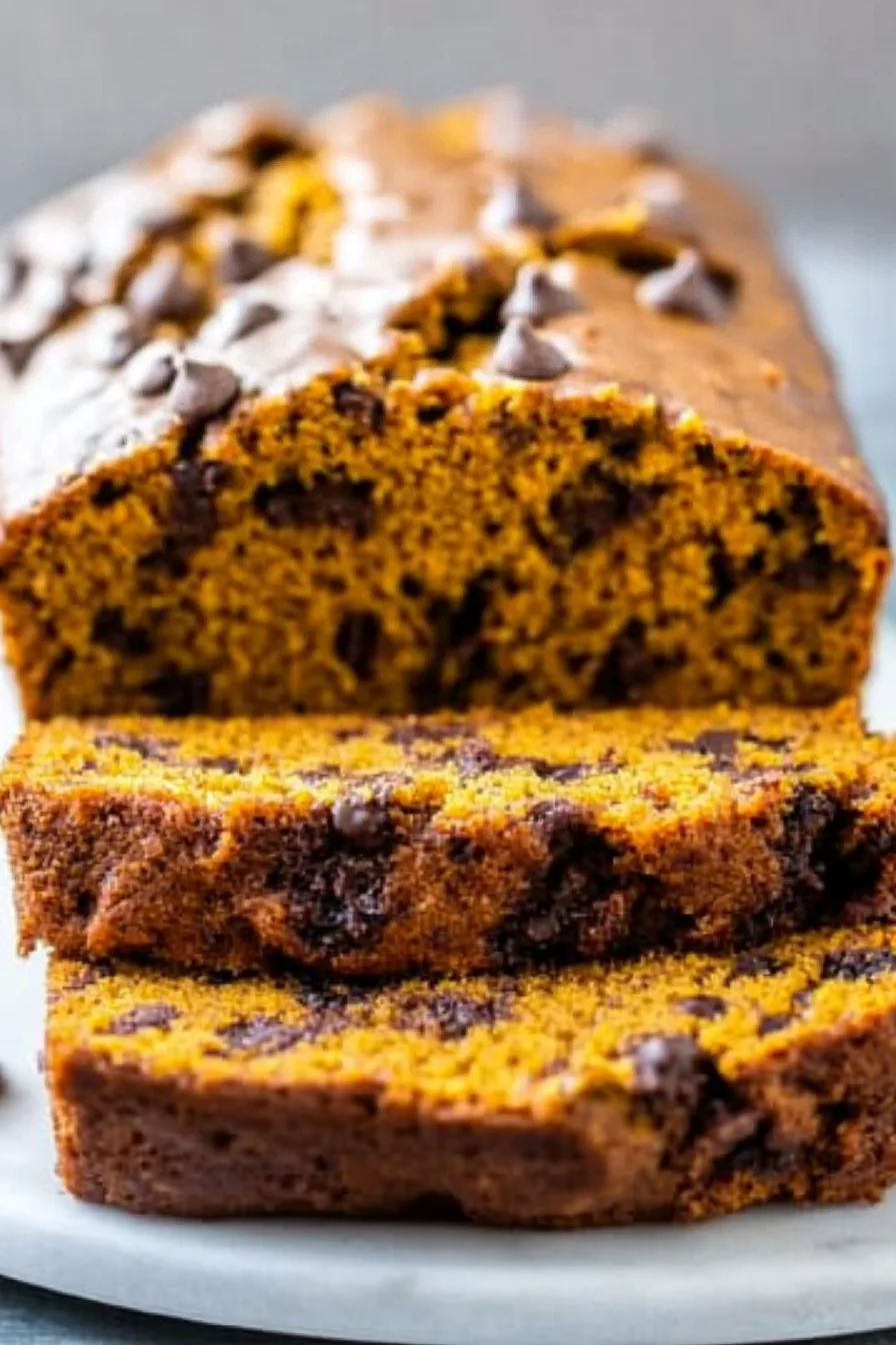 Close-up of a slice showing soft texture and rich chocolate pieces.