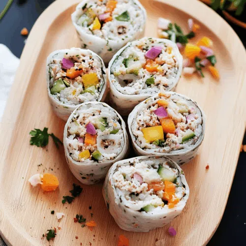 Overhead shot of rolled appetizers with a rainbow of colors visible in each bite.
