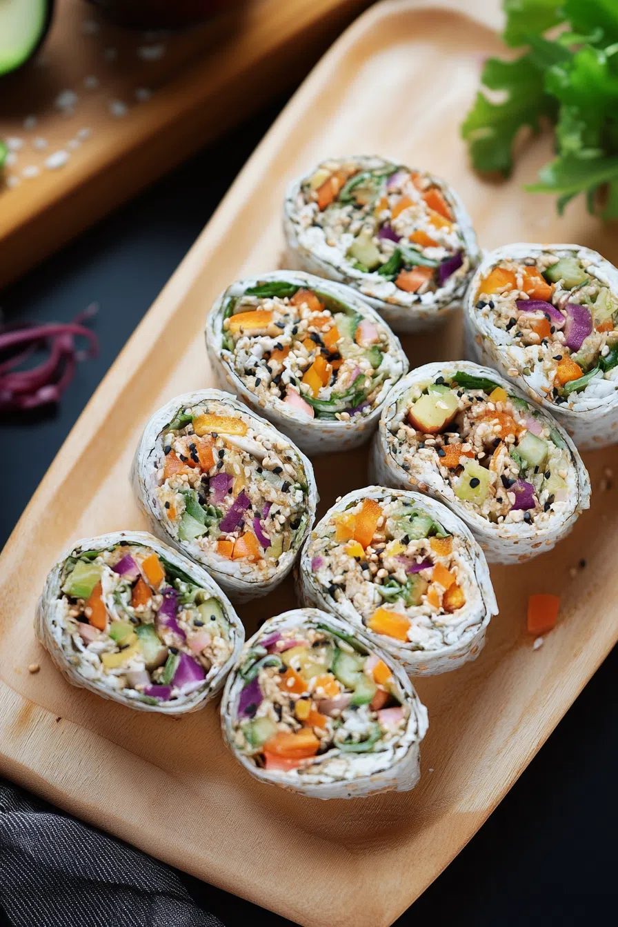 Tightly packed spirals of vegetables wrapped in soft tortillas on a tray.