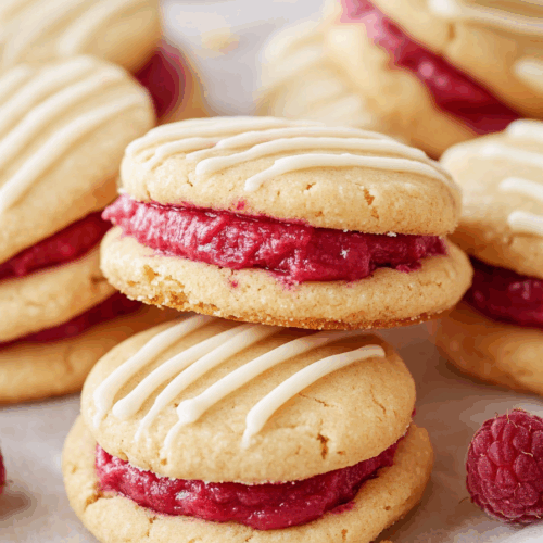 Sweet baked treats arranged neatly on a plate with pastel filling showing