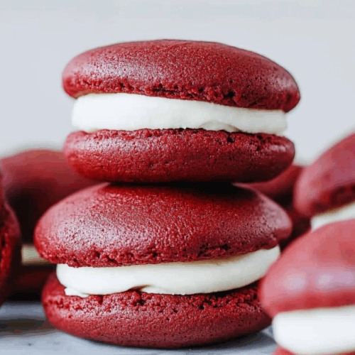 Close-up of vibrant red baked treats with a smooth white filling