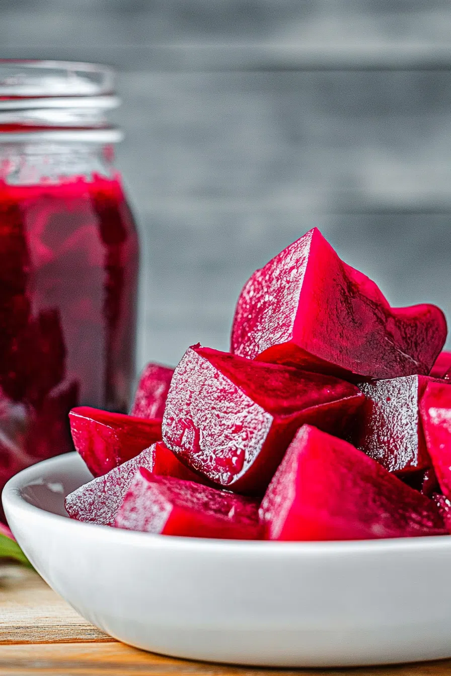 Close-up of jewel-toned vegetable pieces layered in a bowl