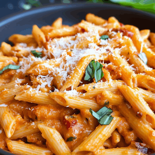 Served portion of a hearty chicken and vegetable pasta on a ceramic plate.