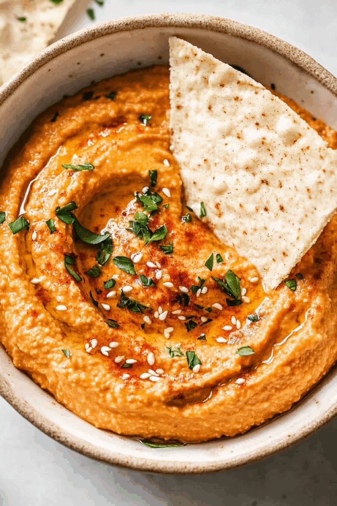 Bowl of creamy spread served with fresh-cut vegetables and pita chips
