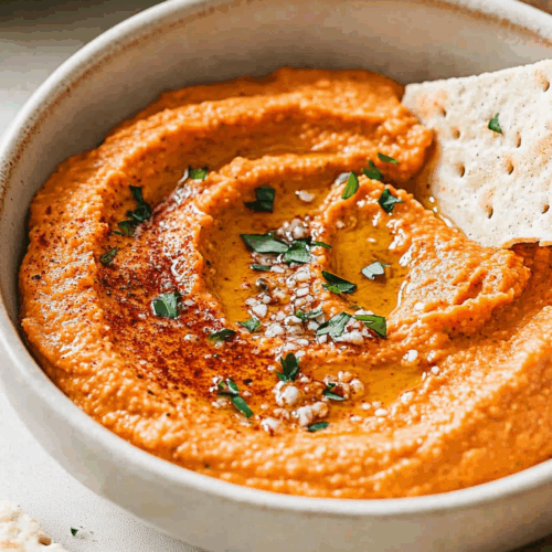 Textured dip garnished with herbs and a touch of spice in a rustic bowl