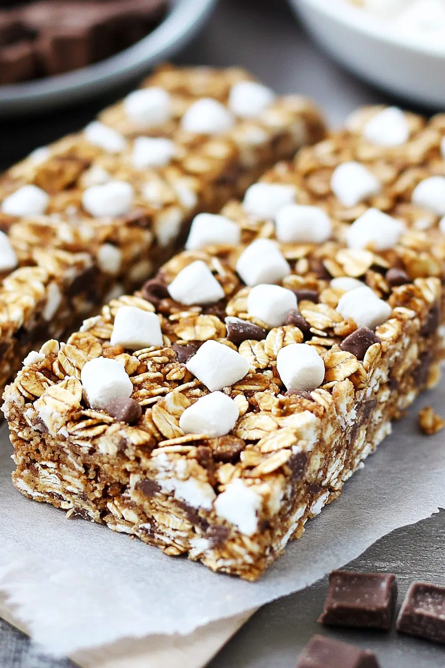 Close-up of gooey chocolate and marshmallow layers in a snack bar