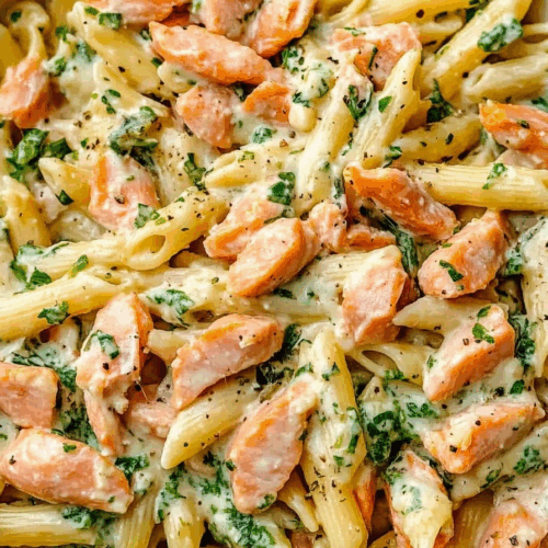 Close-up of noodles coated in sauce with a sprinkle of fresh parsley.