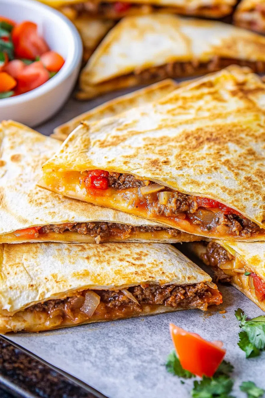 Cheesy, baked snack with a crisp finish, plated with fresh garnish on the side"