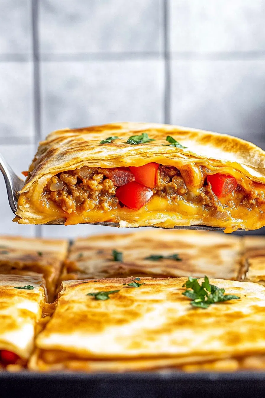 Close-up of a baked tortilla wedge with browned edges and gooey filling