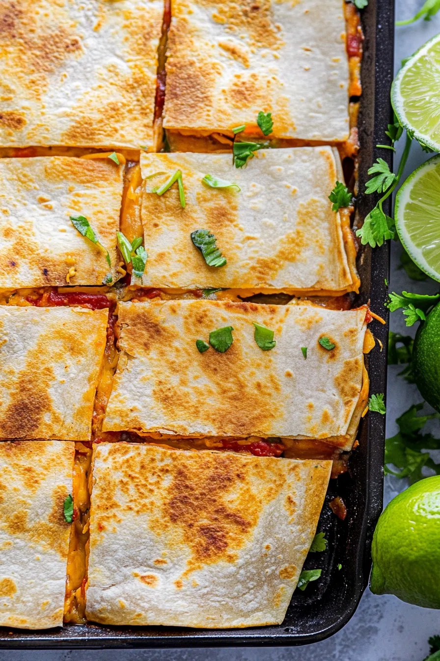 Tray of toasted tortilla pockets cut into squares and stacked for serving