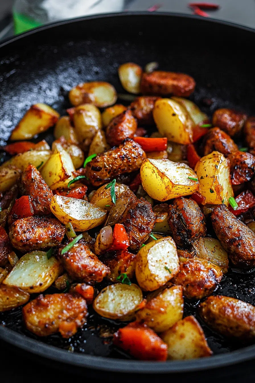 Smoked sausage and potato skillet garnished and ready to serve.
