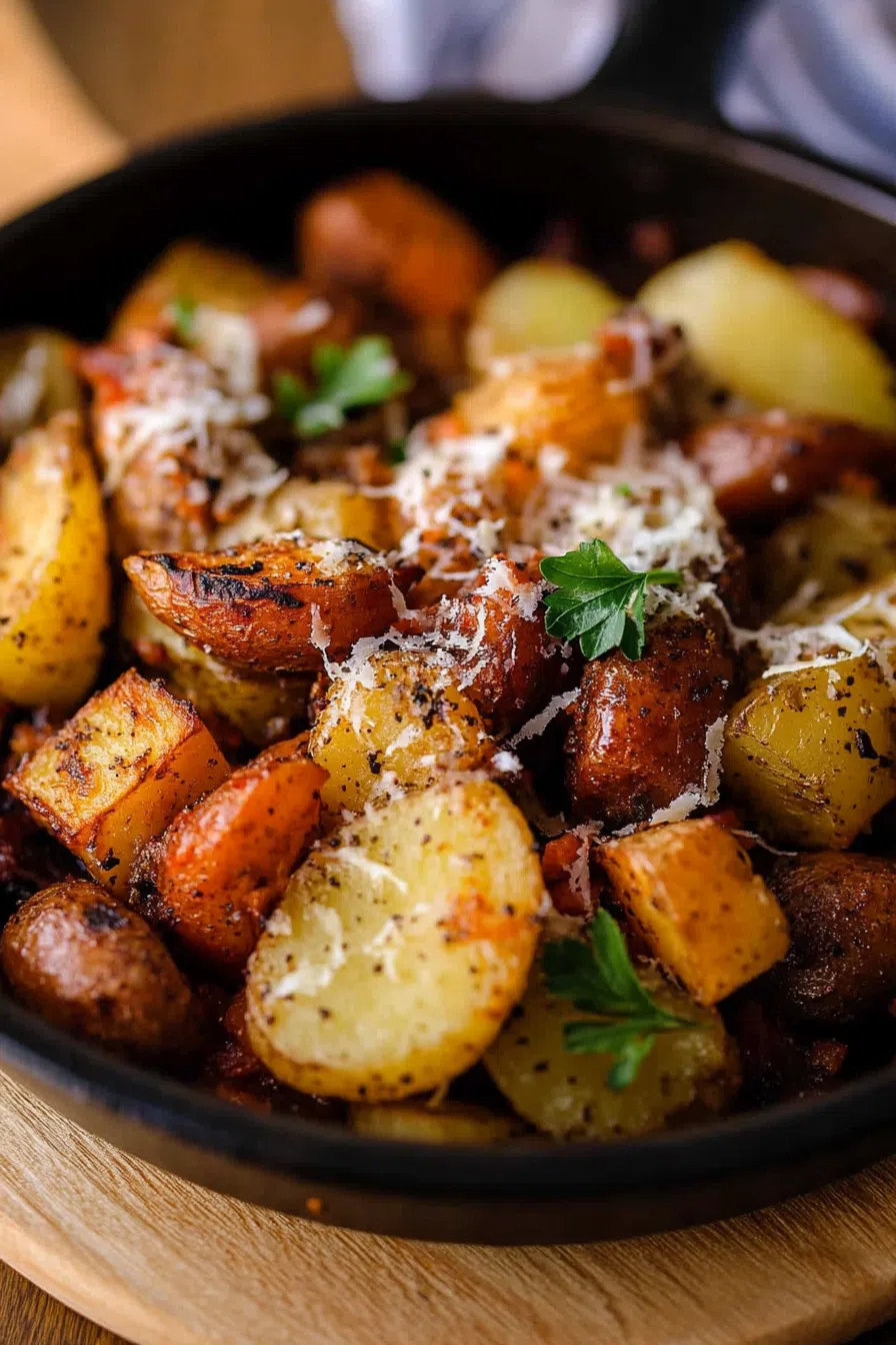 Golden-browned potatoes mixed with sliced sausage in a cast iron skillet.