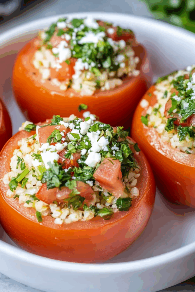 Stuffed vegetables arranged neatly on a white plate, garnished with fresh herbs