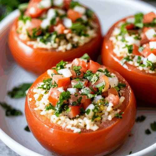 A tray of filled tomatoes fresh out of the oven, ready to serve