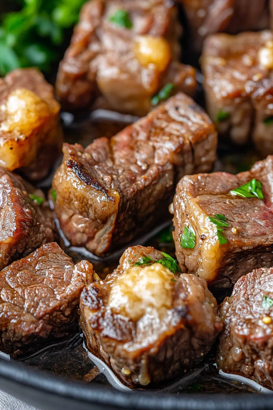 Crisp-edged meat chunks nestled in a pool of garlic-infused sauce.