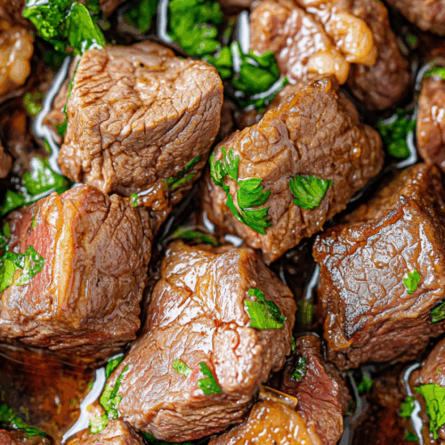 Juicy, seared meat pieces glistening with melted butter on a cast iron skillet.