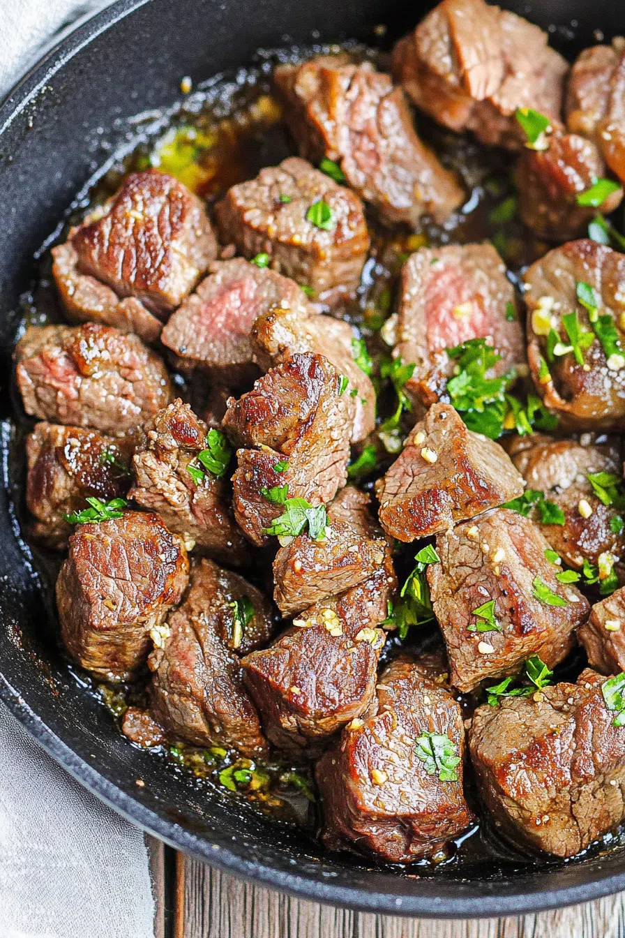 Overhead shot of tender beef pieces with caramelized edges and fresh parsley garnish.
