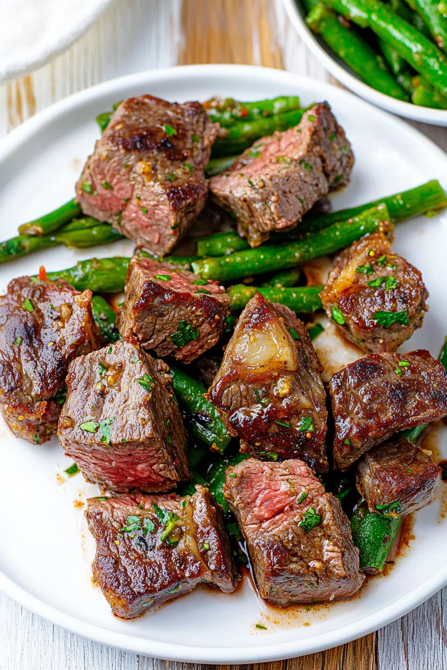Close-up of golden-brown bites topped with herbs and a buttery glaze.