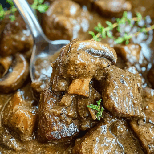 Tender bites of beef covered in a rich brown gravy with visible mushroom slices