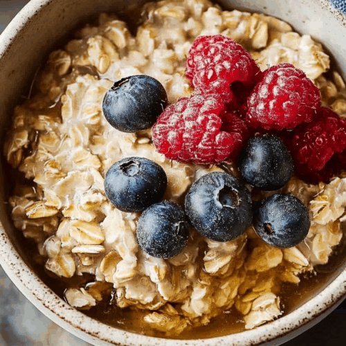 Close-up of a textured oatmeal base sprinkled with cinnamon and sliced almonds.